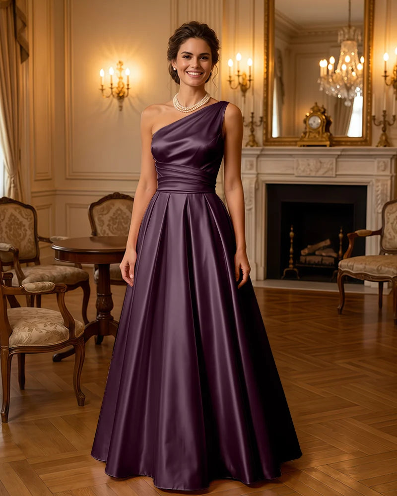Satin Midi Dress Formal Occasion Gown with Ruched Bodice
