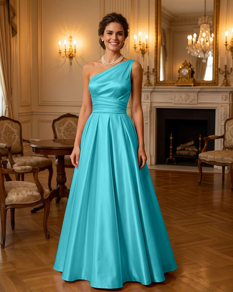 Satin Midi Dress Formal Occasion Gown with Ruched Bodice