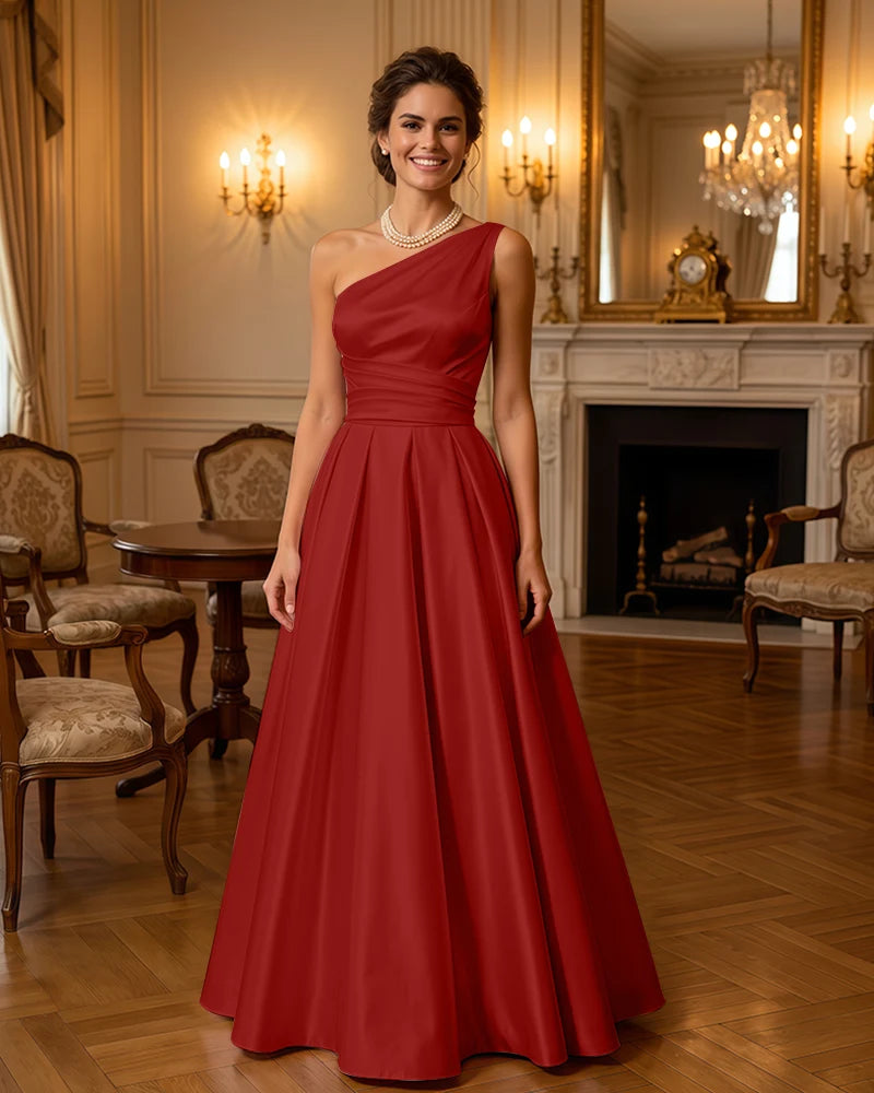 Satin Midi Dress Formal Occasion Gown with Ruched Bodice