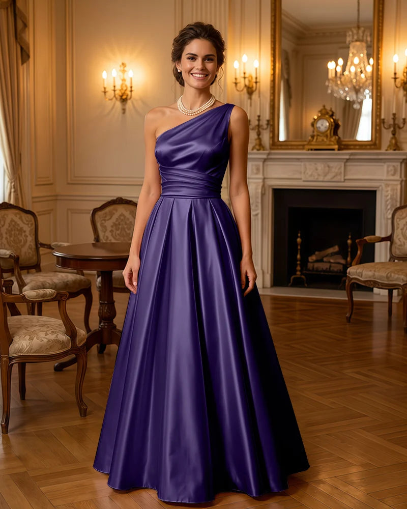 Satin Midi Dress Formal Occasion Gown with Ruched Bodice