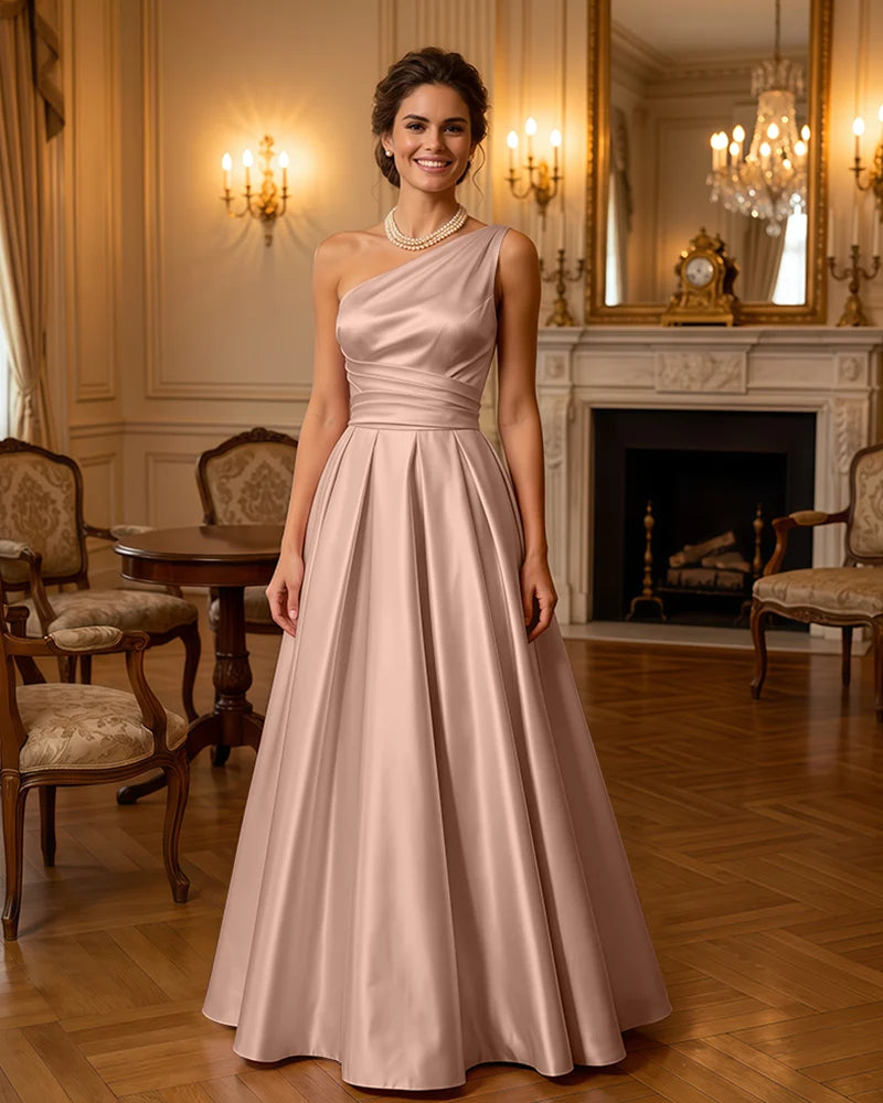 Satin Midi Dress Formal Occasion Gown with Ruched Bodice