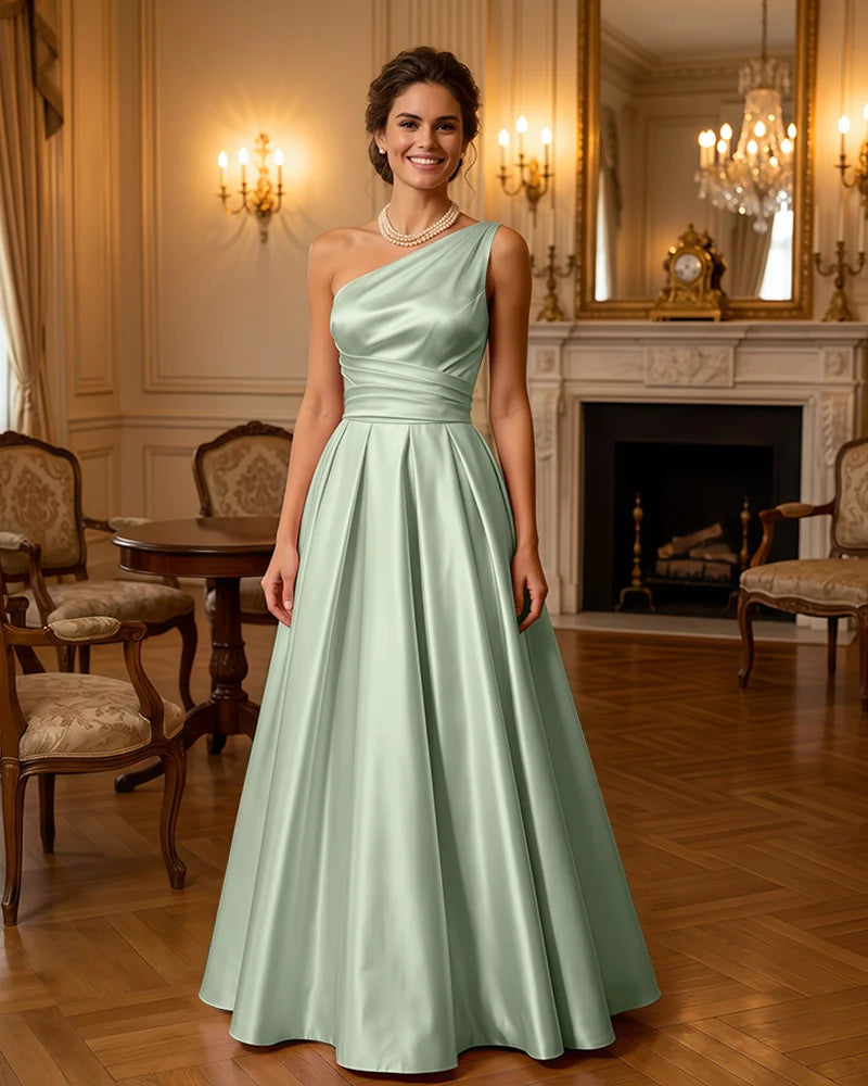 Satin Midi Dress Formal Occasion Gown with Ruched Bodice
