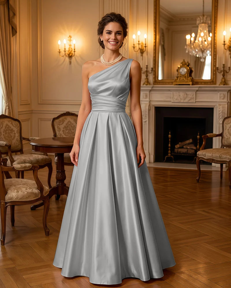 Satin Midi Dress Formal Occasion Gown with Ruched Bodice