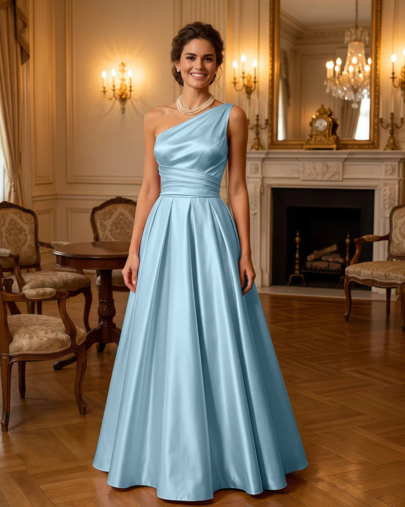 Satin Midi Dress Formal Occasion Gown with Ruched Bodice