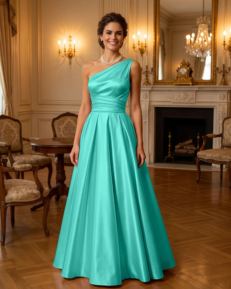 Satin Midi Dress Formal Occasion Gown with Ruched Bodice