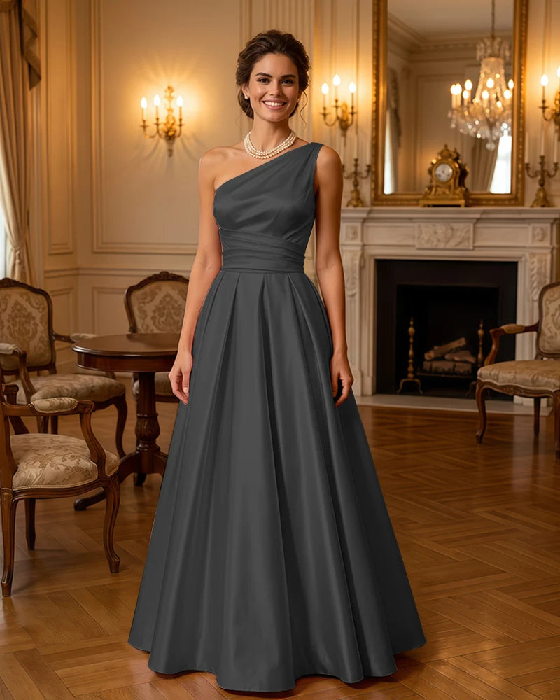 Satin Midi Dress Formal Occasion Gown with Ruched Bodice
