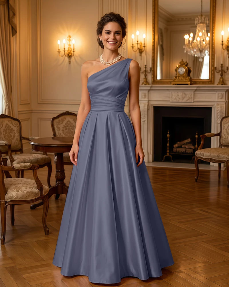Satin Midi Dress Formal Occasion Gown with Ruched Bodice
