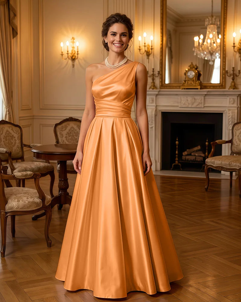 Satin Midi Dress Formal Occasion Gown with Ruched Bodice