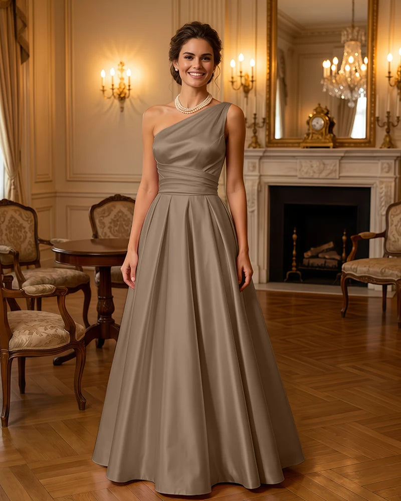 Satin Midi Dress Formal Occasion Gown with Ruched Bodice