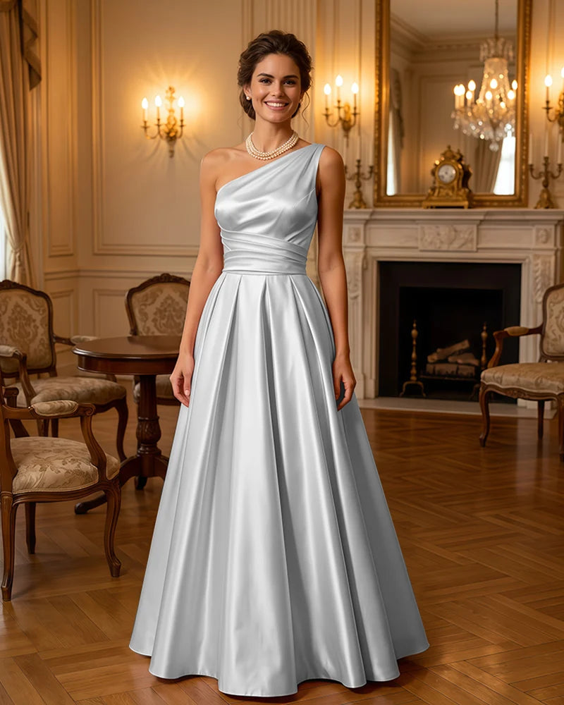 Satin Midi Dress Formal Occasion Gown with Ruched Bodice