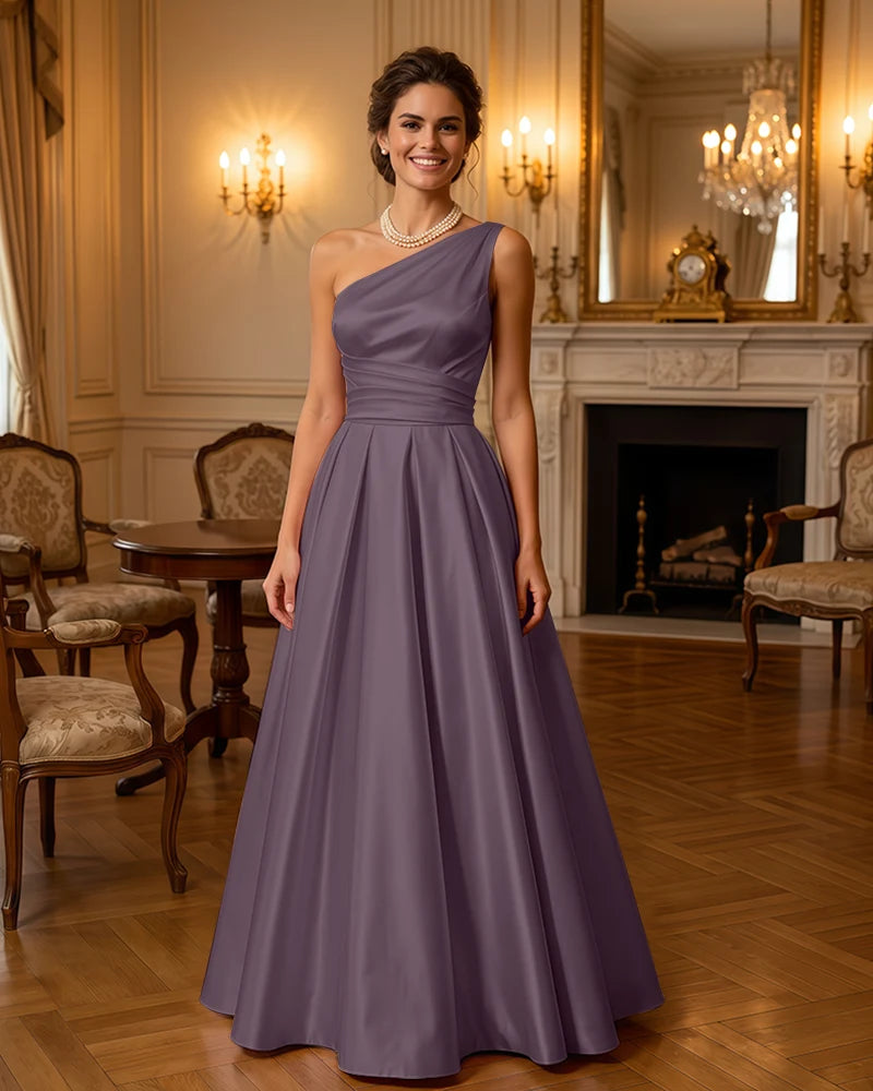 Satin Midi Dress Formal Occasion Gown with Ruched Bodice