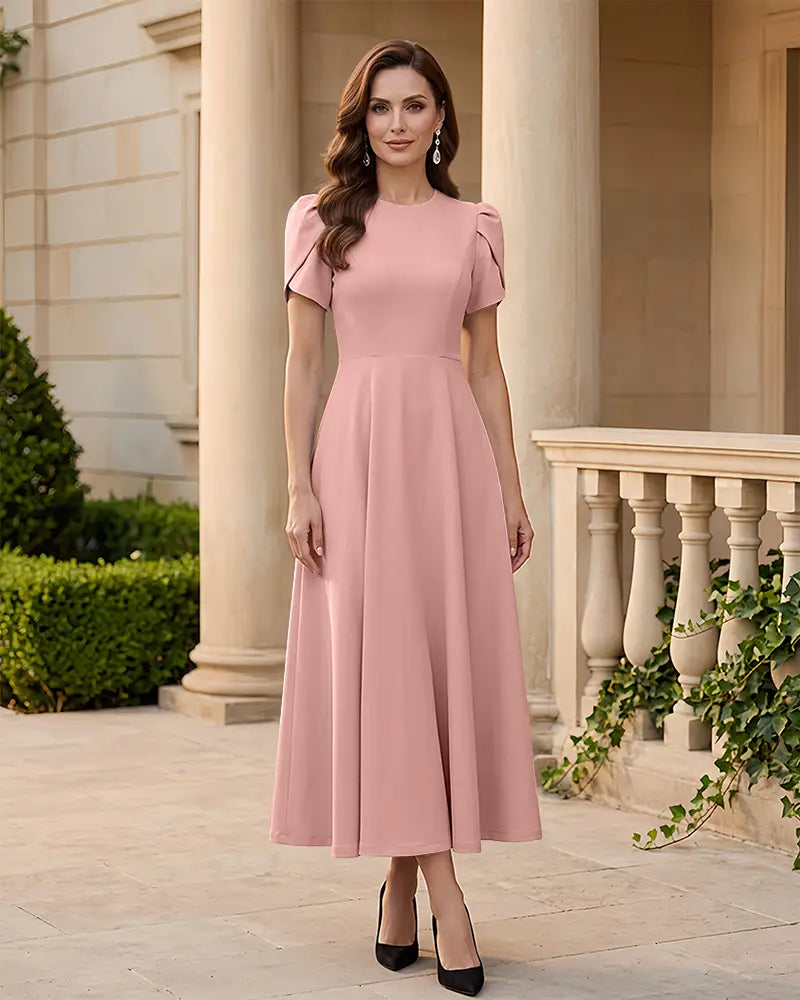 Round Neck Pleated Midi Mother of the Bride Dress