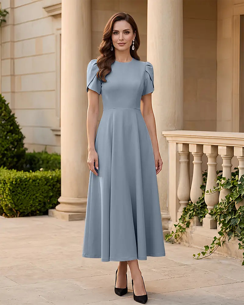 Round Neck Pleated Midi Mother of the Bride Dress
