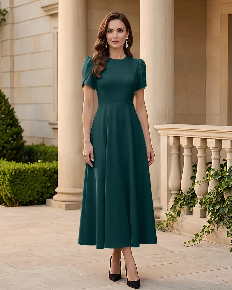 Round Neck Pleated Midi Mother of the Bride Dress