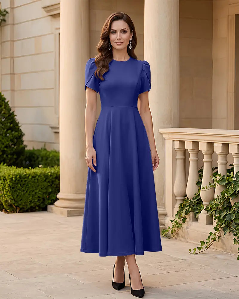 Round Neck Pleated Midi Mother of the Bride Dress