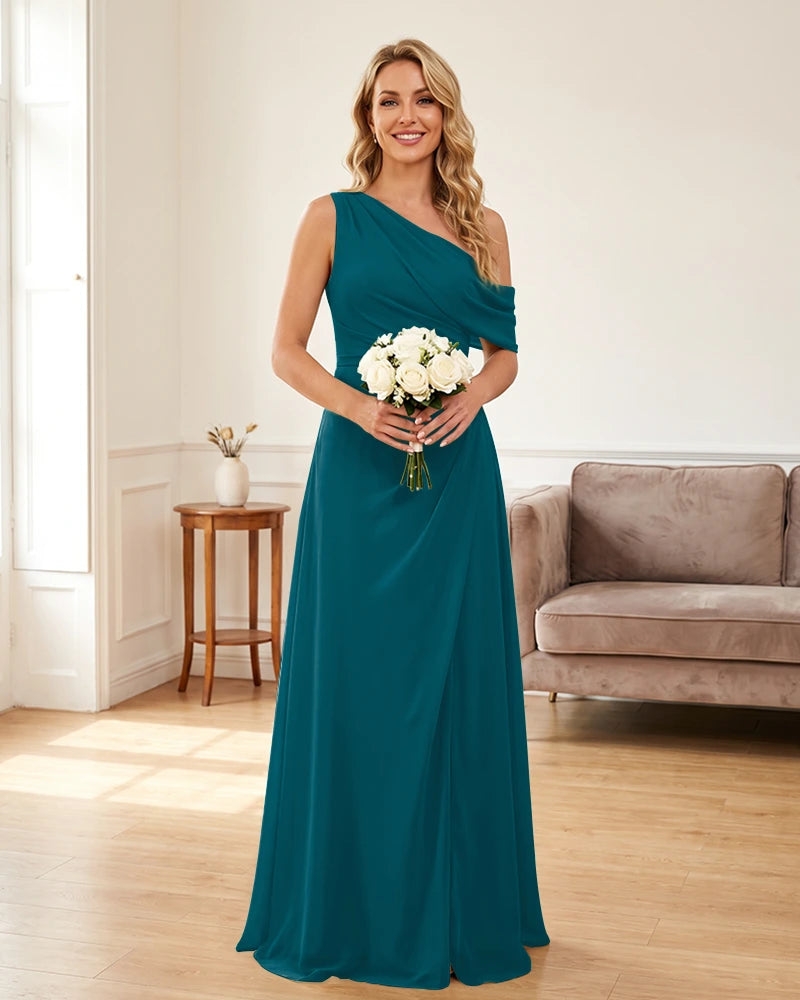 Ruched One Shoulder Chiffon Wedding Guest Dress