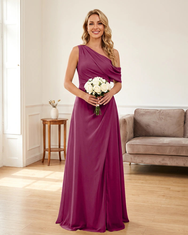 Ruched One Shoulder Chiffon Wedding Guest Dress
