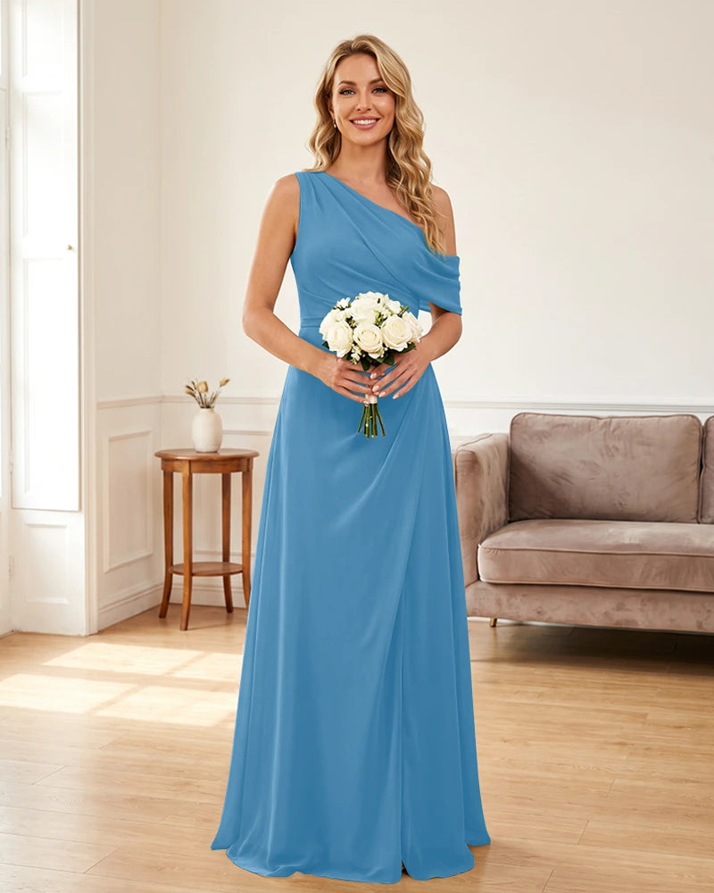 Ruched One Shoulder Chiffon Wedding Guest Dress