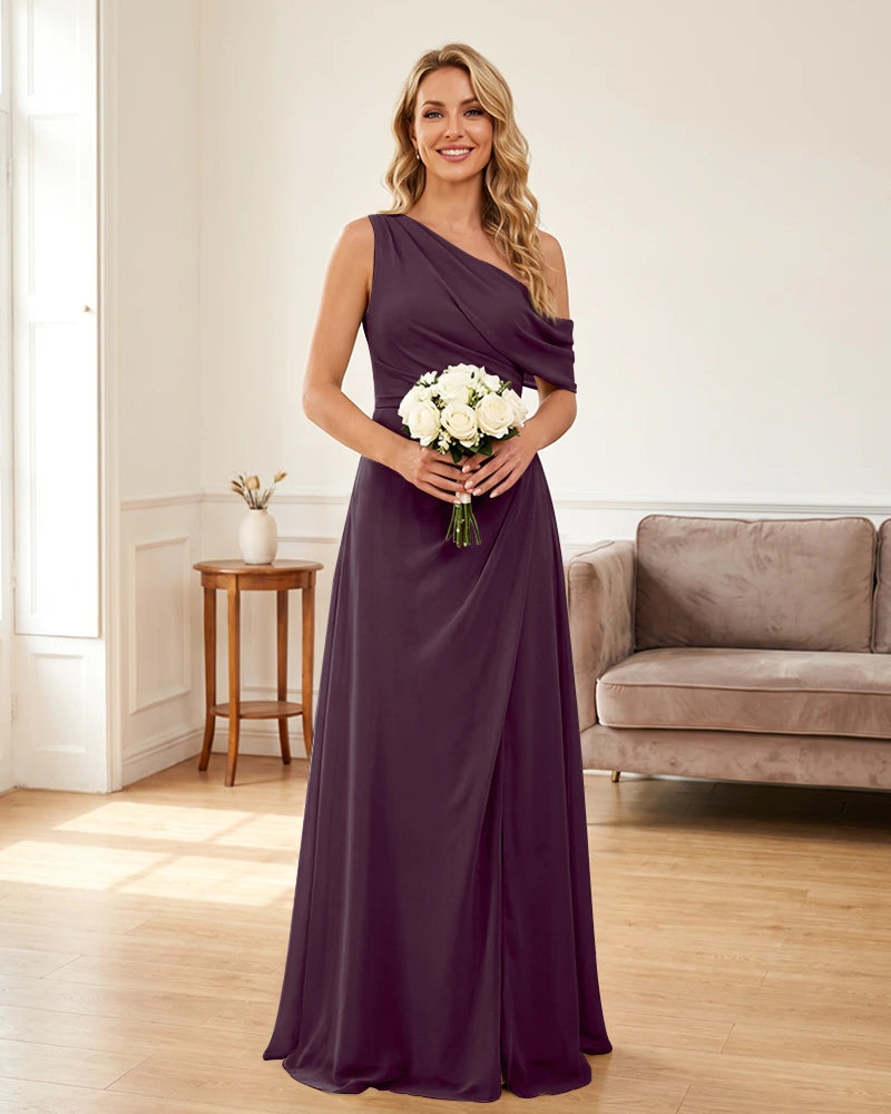 Ruched One Shoulder Chiffon Wedding Guest Dress