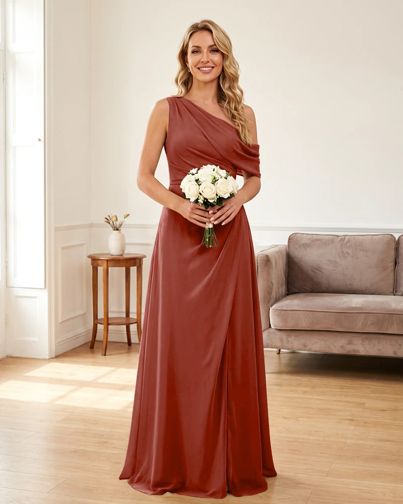 Ruched One Shoulder Chiffon Wedding Guest Dress