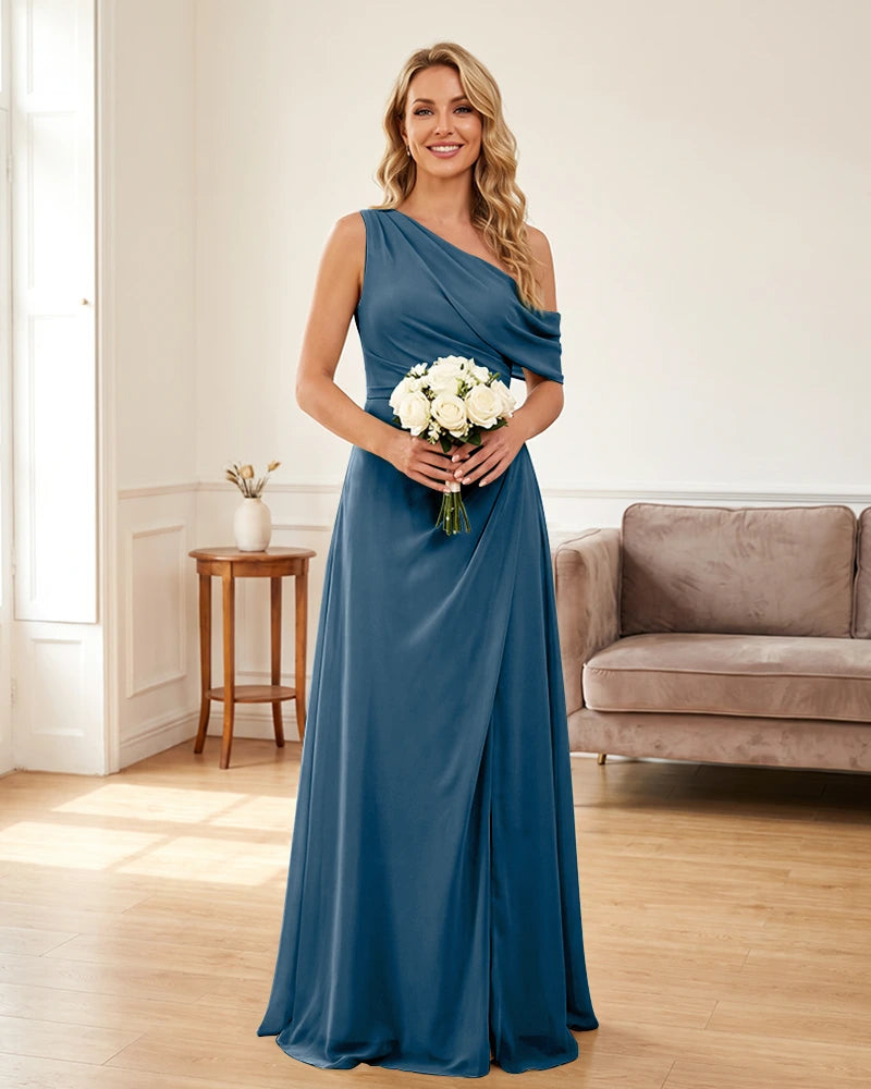 Ruched One Shoulder Chiffon Wedding Guest Dress