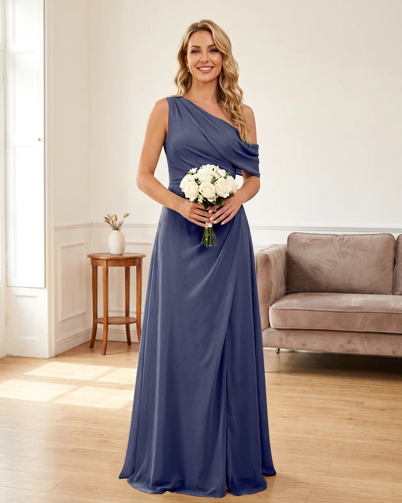 Ruched One Shoulder Chiffon Wedding Guest Dress