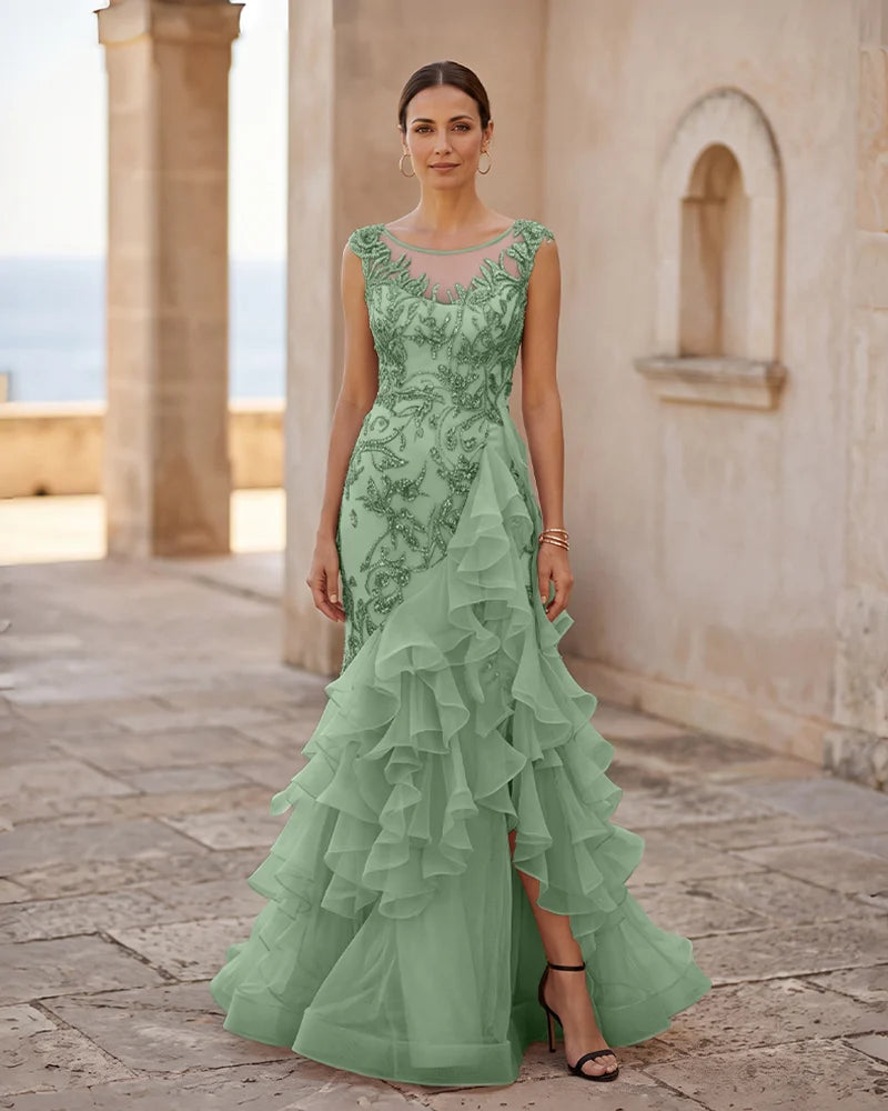 Lace Ruffled Mermaid Sleeveless Mother of the Bride Dress