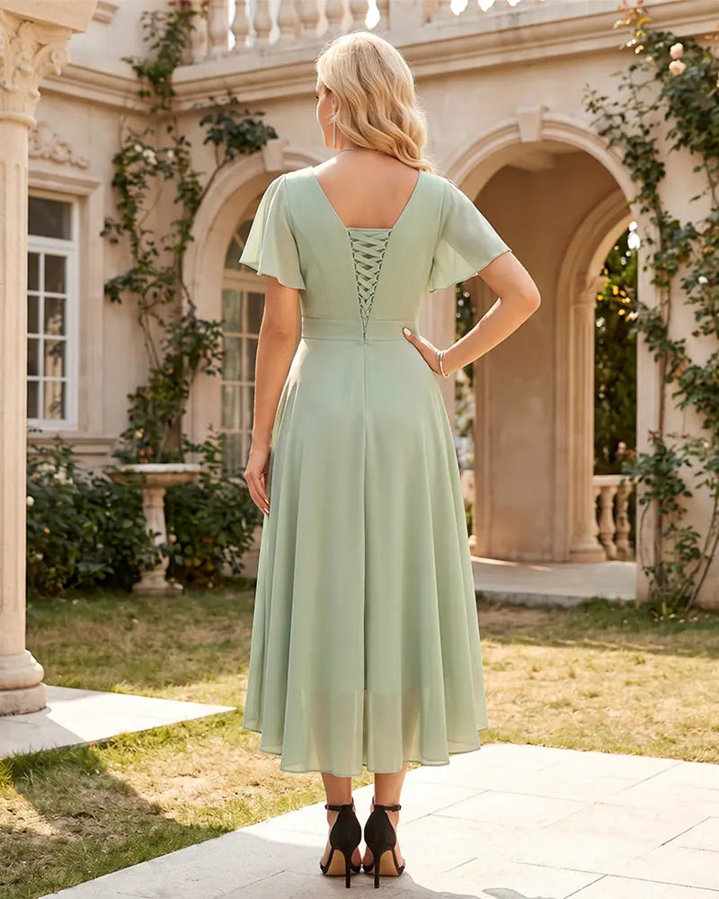 V Neck Chiffon Wedding Guest Midi Dress with Flutter Sleeve