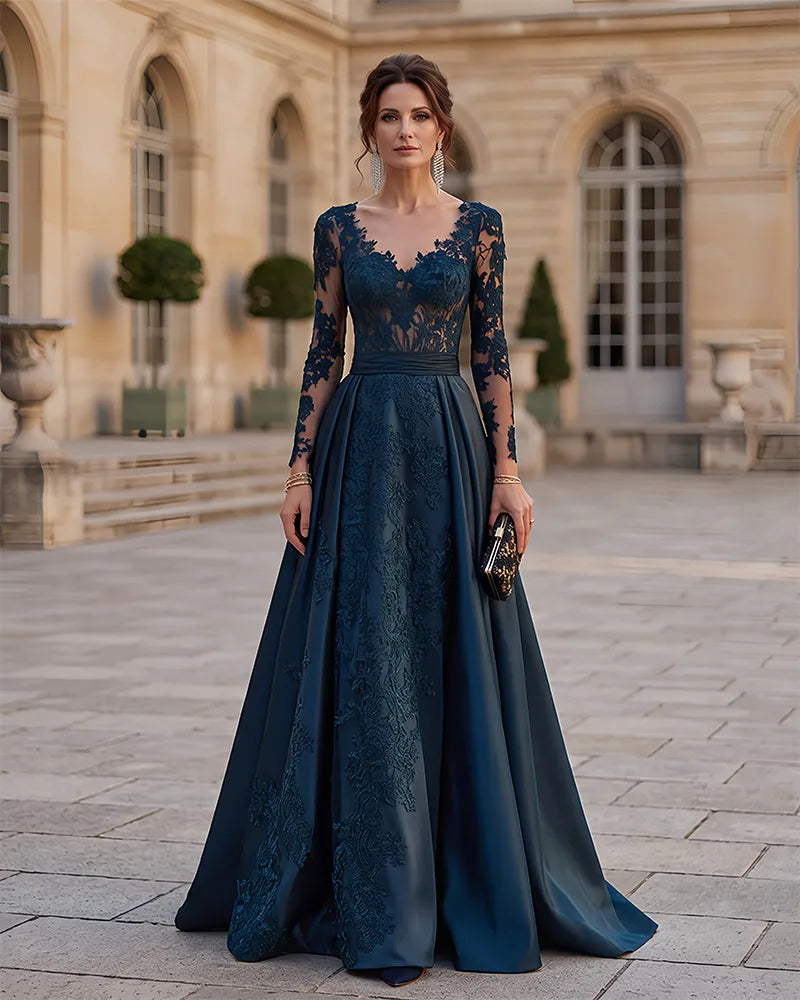 Lace Long Sleeve A-Line Satin Mother of the Bride Dress