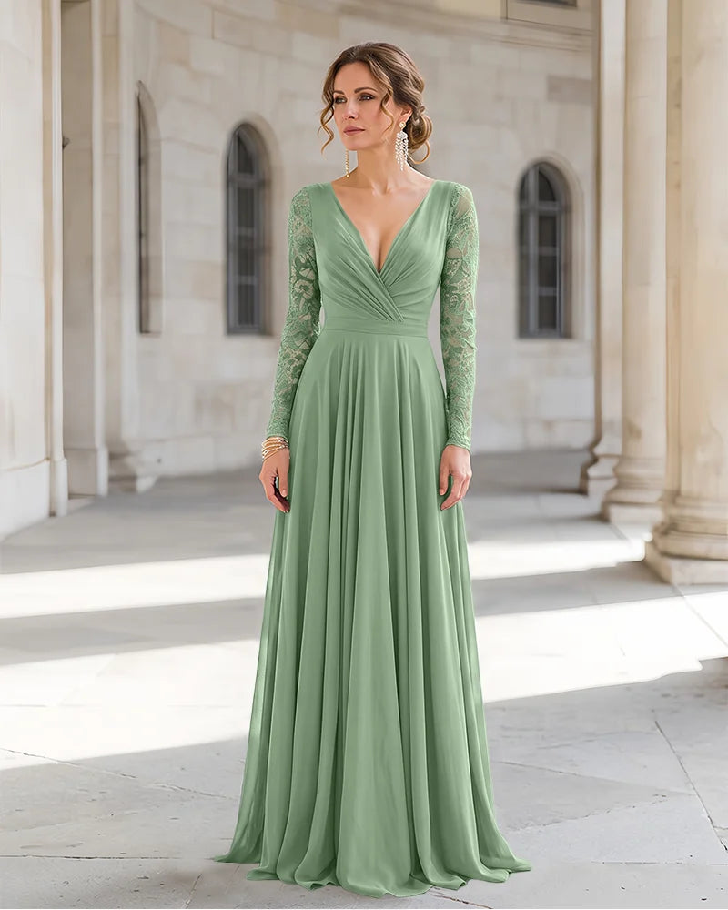 Long Sleeve Chiffon Mother of the Bride Dress With Lace