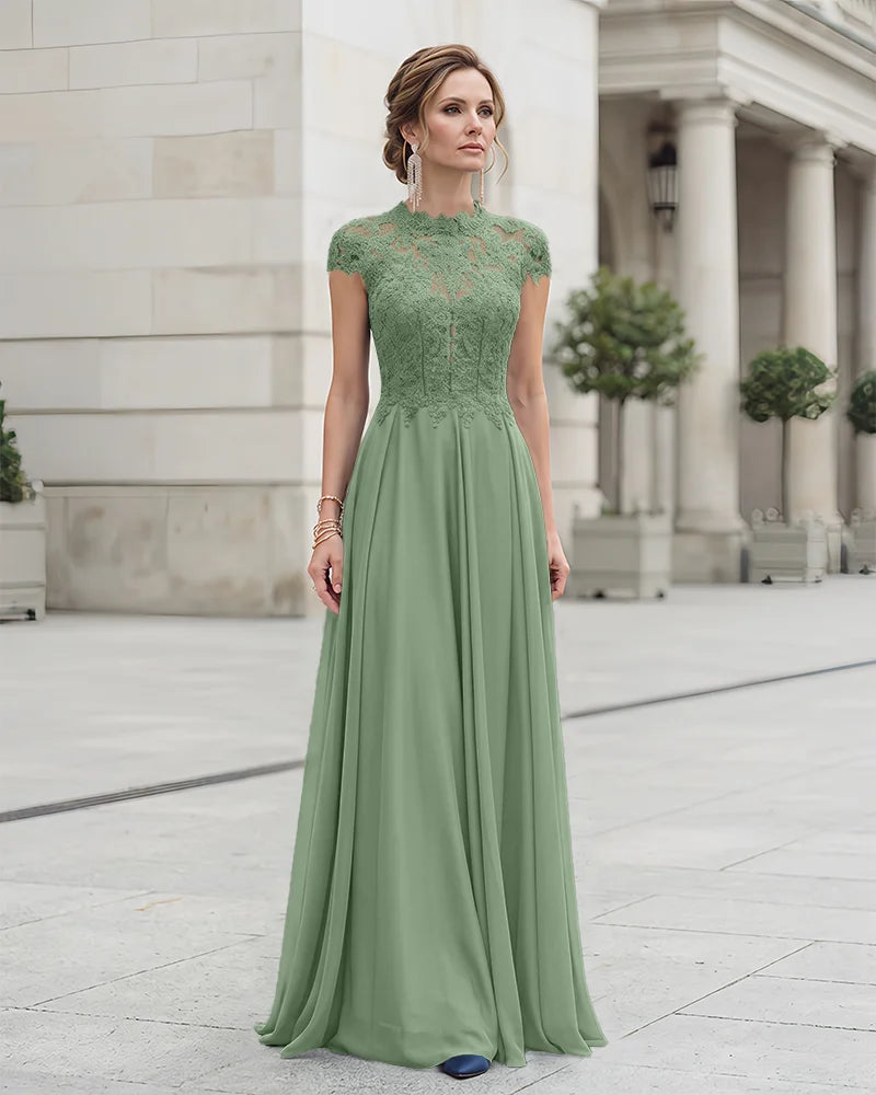 Lace Short Sleeve Mother of the Bride Dress Mock Neck
