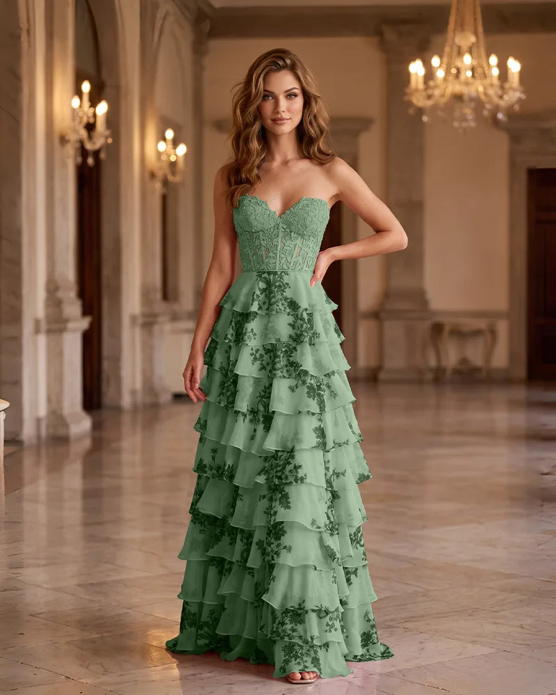 Strapless Sweetheart Floral Print Tiered Chiffon Prom Dress
