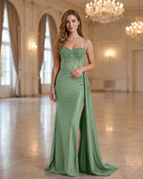 Spaghetti Strap Beaded Satin Mermaid Slit Prom Dress
