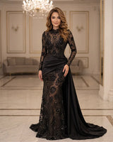 Black Mock Neck Long Sleeve Lace Mermaid Evening Gown