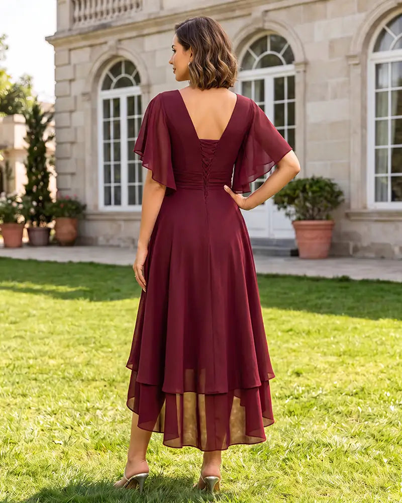 V Neck Short Sleeve High Low Midi Chiffon Bridesmaid Dress
