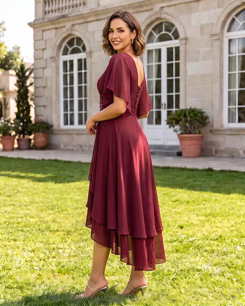 V Neck Short Sleeve High Low Midi Chiffon Bridesmaid Dress