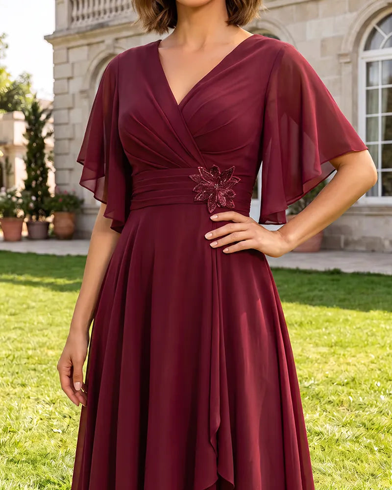 V Neck Short Sleeve High Low Midi Chiffon Bridesmaid Dress