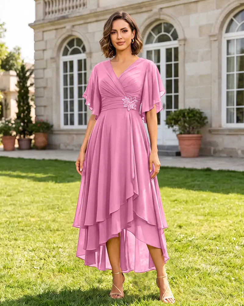V Neck Short Sleeve High Low Midi Chiffon Bridesmaid Dress