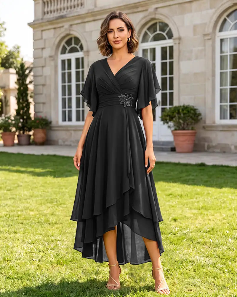 V Neck Short Sleeve High Low Midi Chiffon Bridesmaid Dress