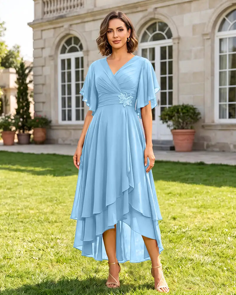 V Neck Short Sleeve High Low Midi Chiffon Bridesmaid Dress