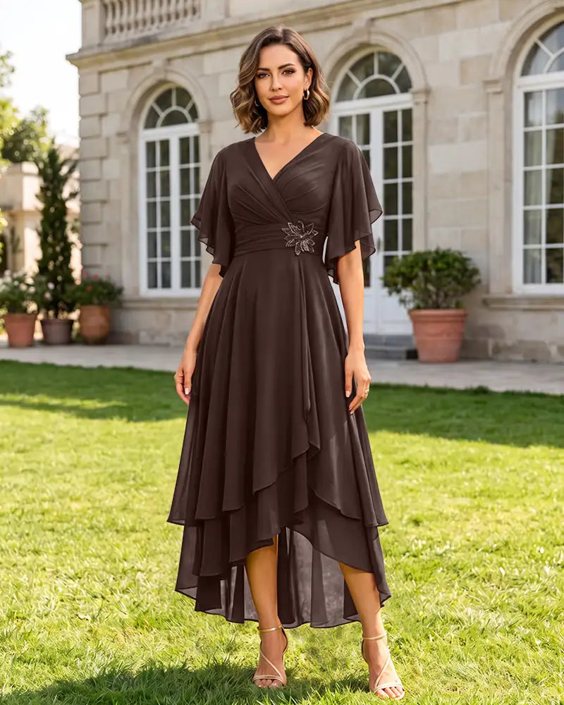 V Neck Short Sleeve High Low Midi Chiffon Bridesmaid Dress
