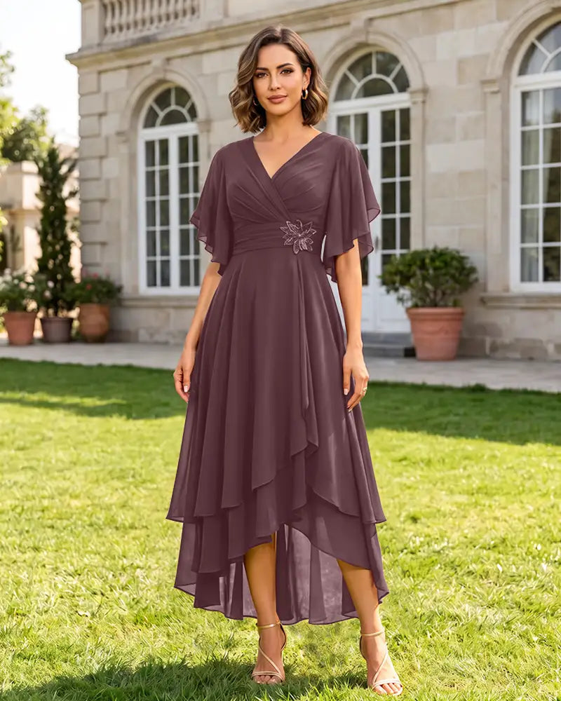 V Neck Short Sleeve High Low Midi Chiffon Bridesmaid Dress