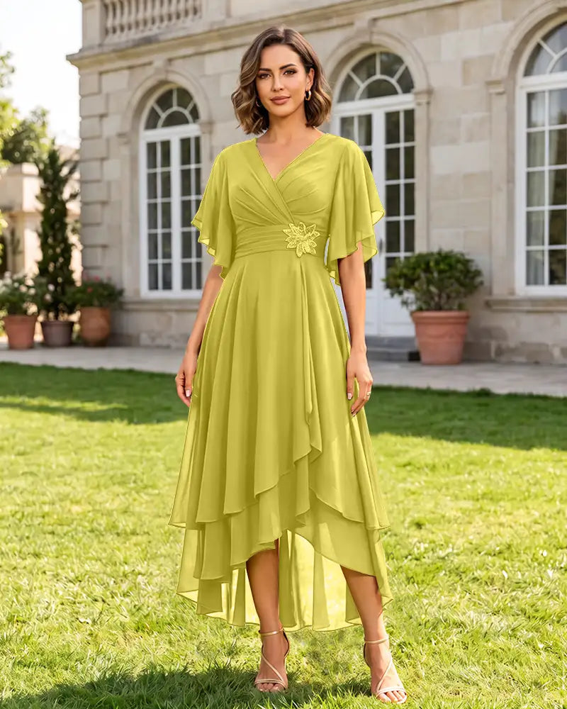 V Neck Short Sleeve High Low Midi Chiffon Bridesmaid Dress