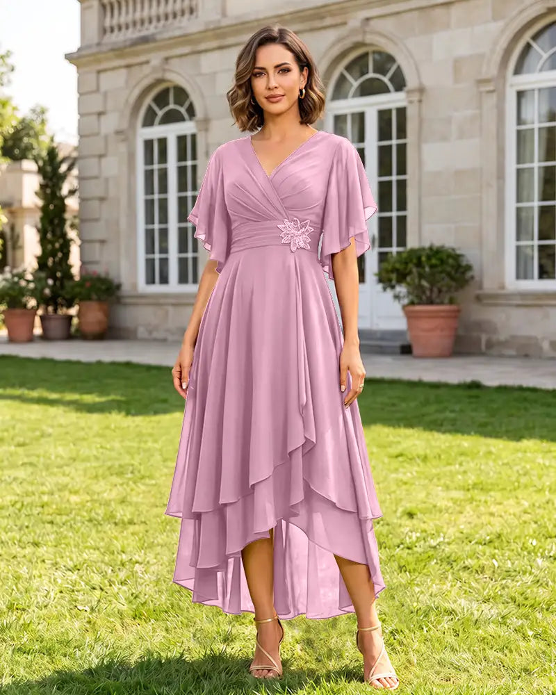V Neck Short Sleeve High Low Midi Chiffon Bridesmaid Dress