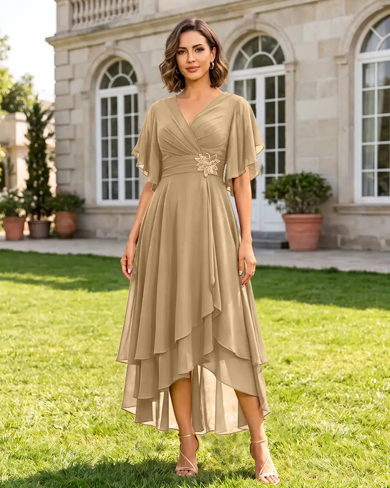 V Neck Short Sleeve High Low Midi Chiffon Bridesmaid Dress