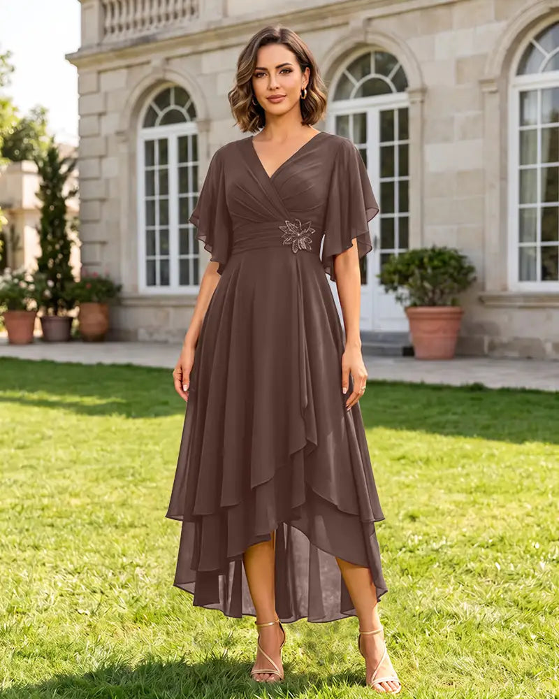 V Neck Short Sleeve High Low Midi Chiffon Bridesmaid Dress