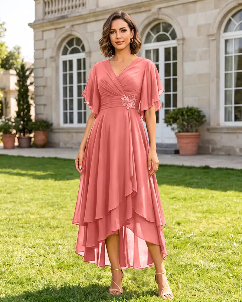 V Neck Short Sleeve High Low Midi Chiffon Bridesmaid Dress