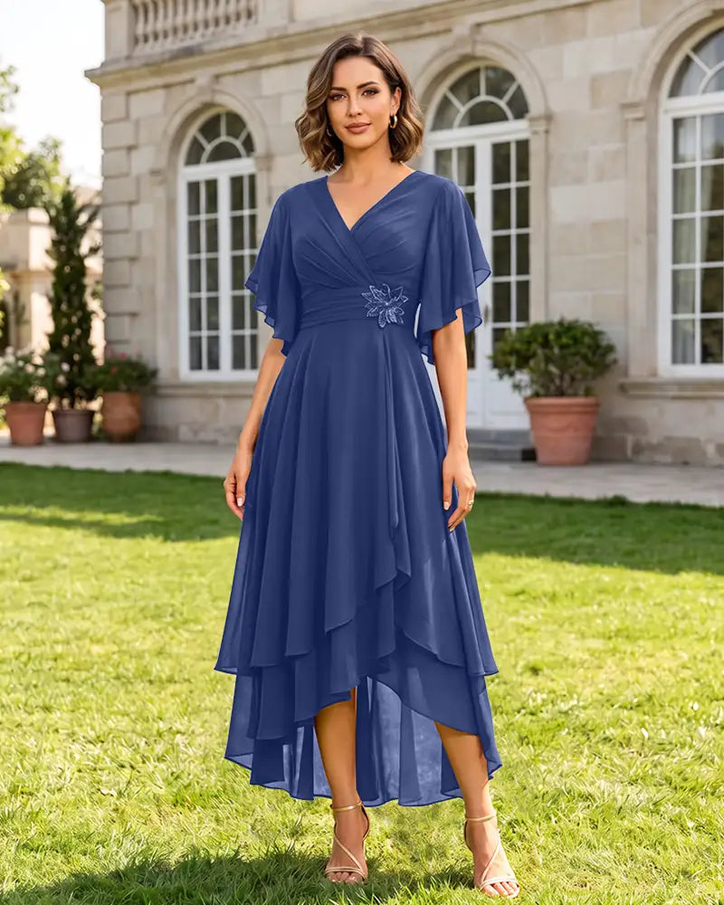 V Neck Short Sleeve High Low Midi Chiffon Bridesmaid Dress