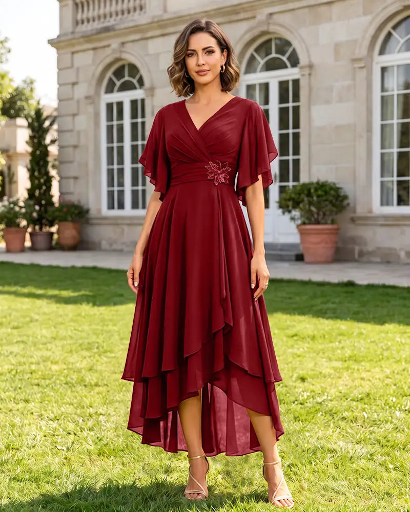 V Neck Short Sleeve High Low Midi Chiffon Bridesmaid Dress