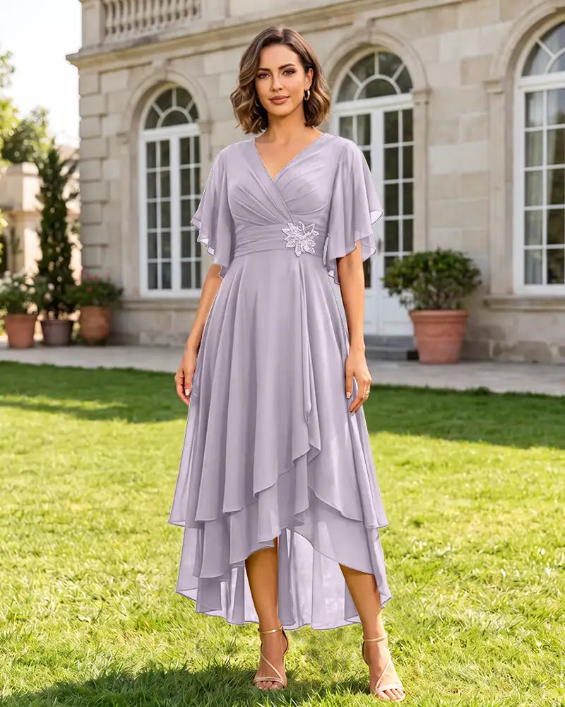 V Neck Short Sleeve High Low Midi Chiffon Bridesmaid Dress